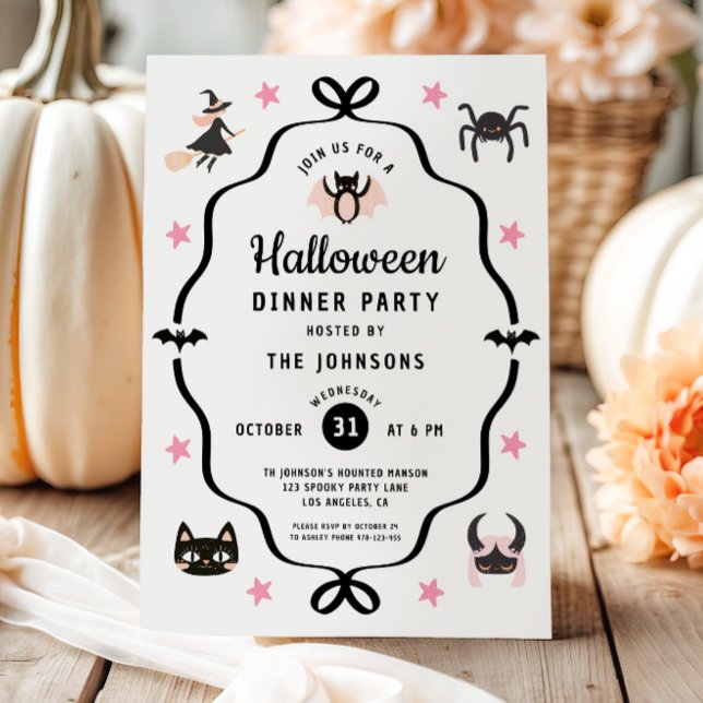 Convite Festa de Janto de Halloween de Coquette (Cute Coquette Halloween Dinner Party Invitation)