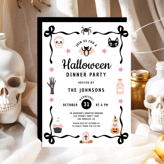 Convite Festa de Janto de Halloween de Coquette (Cute Coquette Halloween Dinner Party Invitation)