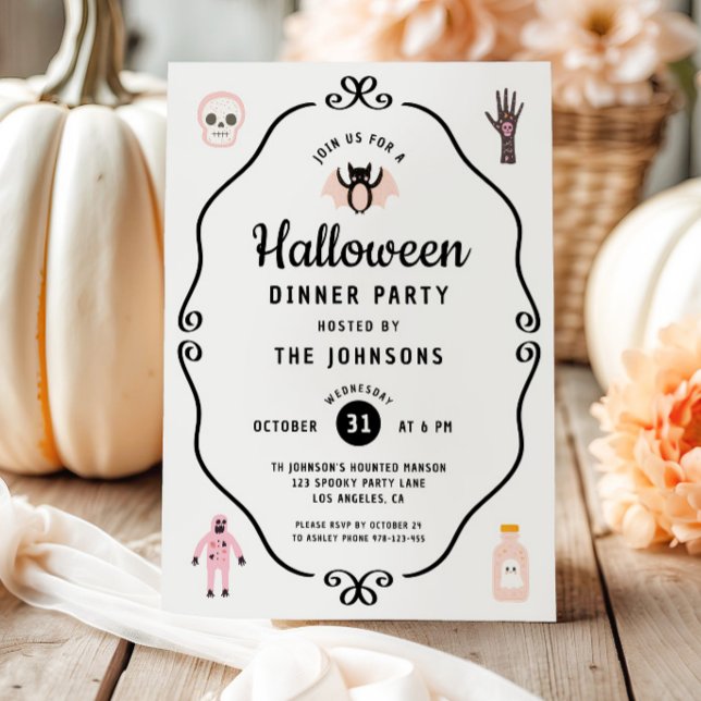 Convite Festa de Janto de Halloween de Coquette (Cute Coquette Halloween Dinner Party Invitation)