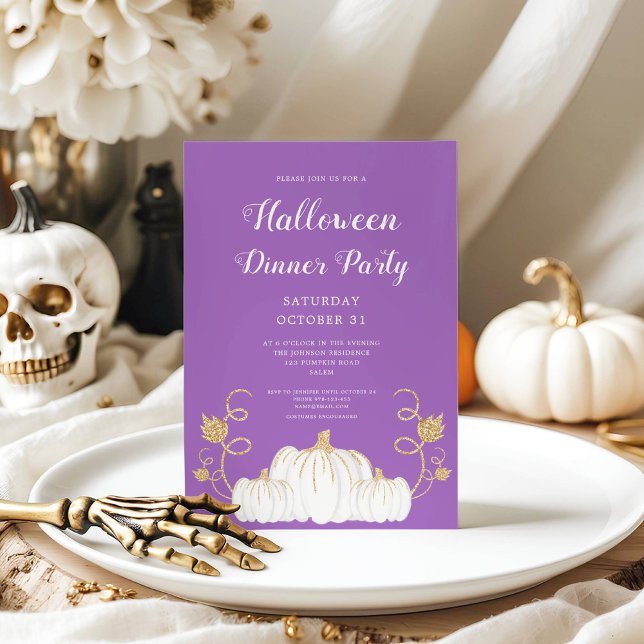 Convite Festa de Janto de Halloween de Pumpkin Púrpura e G (Cute Purple Pumpkin Halloween Dinner Party Invitation)