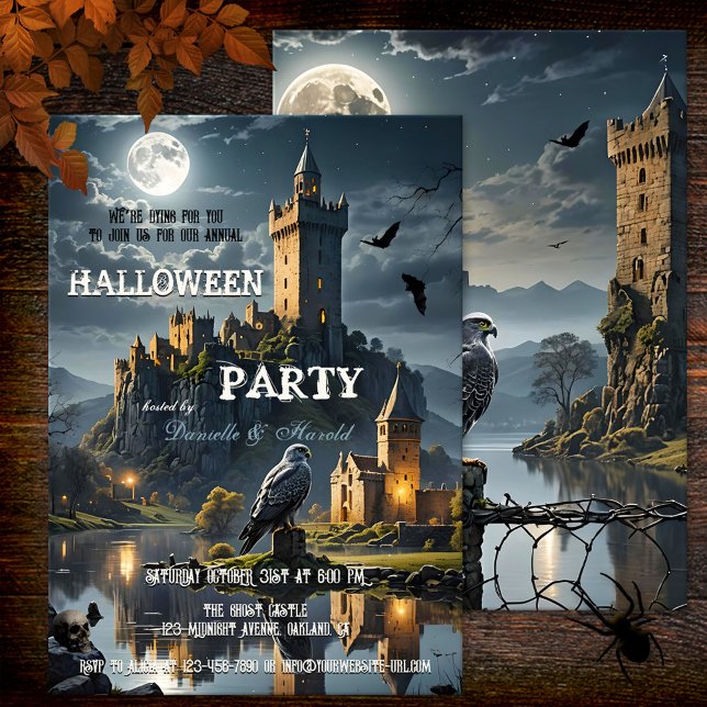 Convite Festa de Janto de Halloween do Castelo de Lua Noit (Halloween dinner party invitation featuring a castle at full moon, with bats, falcon and skull)