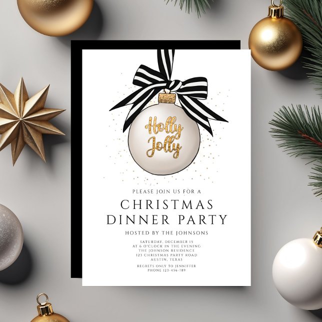 Convite Festa de Janto de Natal Branco e Preto Festivo (Festive Black And White Christmas Dinner Party Invitation)