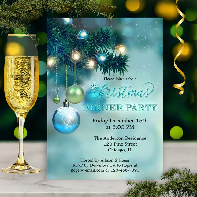 Convite Festa de Janto de Natal das Luzes Espumantes Elega (Christmas invitation featuring a teal turquoise design with sparkling lights, baubles and pine twigs)