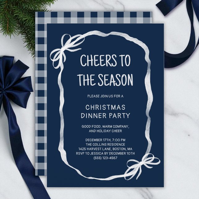 Convite Festa de Janto de Natal Desenhada à Mão Azul (Blue Whimsical Hand Drawn Christmas Dinner Party Invitation)
