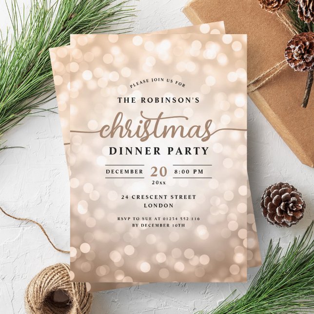 Convite Festa de Janto de Natal Glamororosa Rosa Dourada L (Glamorous Rose Gold Lights Christmas Dinner Party Invitation)