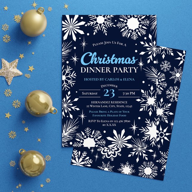 Convite Festa de Janto de Natal marinho Blue Snowflakes (Navy Blue Snowflakes Christmas Dinner Party Invitation)