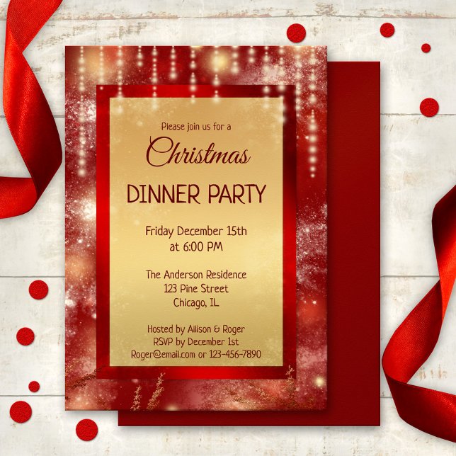 Convite Festa de Janto de Natal para Luzes Douradas Vermel (Christmas or New Year invitation featuring a colorful red and gold design with sparkling lights)