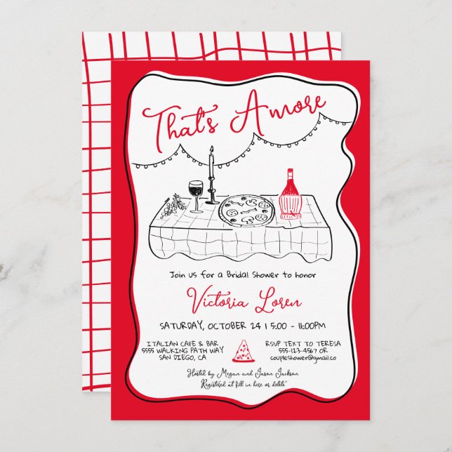 Convite Festa de Janto de Pizza Italiana Desenhada à Mão (Frente/Verso)