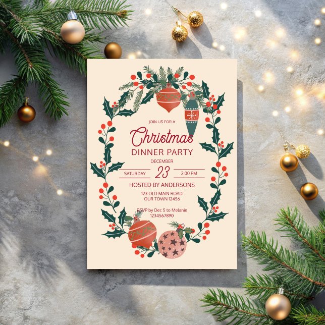 Convite Festa de janto do retro natalino strips (Christmas retro stripes grand millennial dinner party invitation cards template)