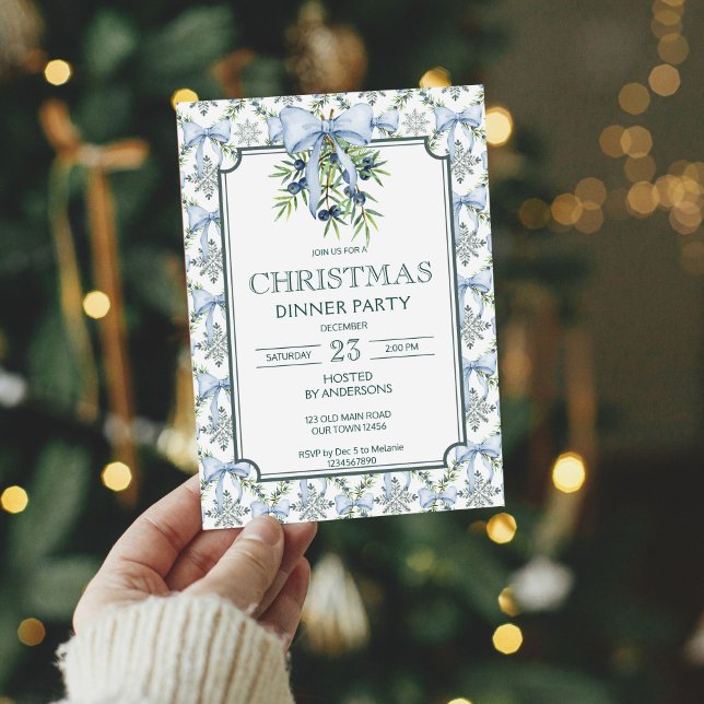 Convite Festa de janto do retro natalino strips (Christmas retro pines blue bow grand millennial dinner party invitation cards template)