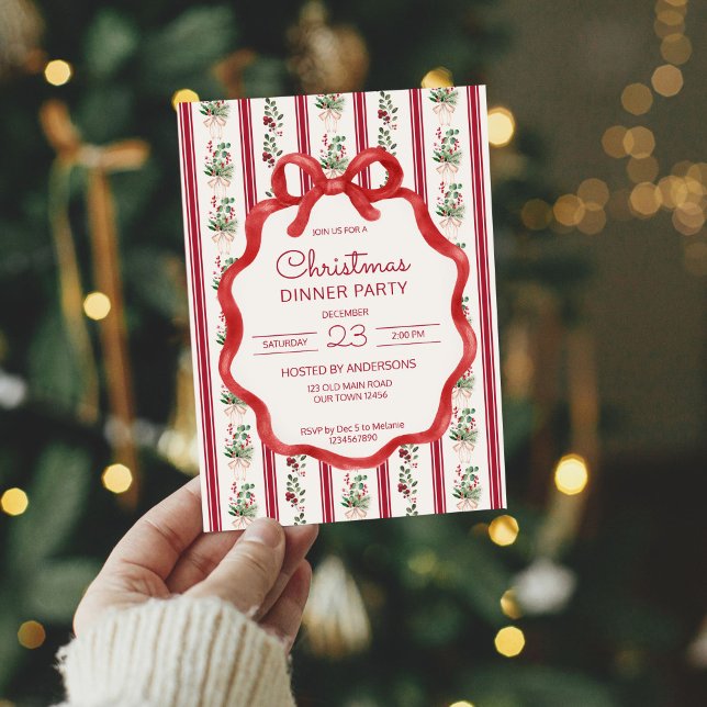 Convite Festa de janto do retro natalino strips (Christmas party retro stripes grandmilenial bow wavy border dinner party invitation cardds template)