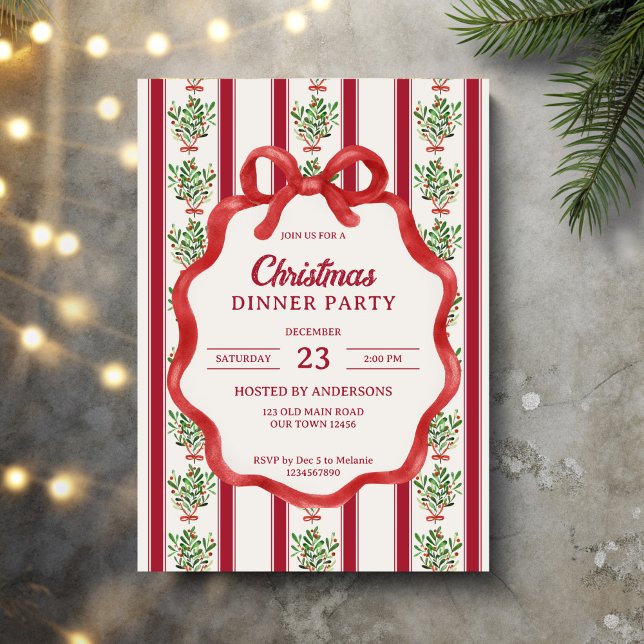 Convite Festa de janto do retro natalino strips (Christmas dinner party invitation retro red stripes winter greenery grandmillenial bow wavy border)