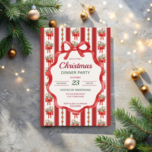Convite Festa de janto do retro natalino strips (Christmas dinner party invites retro grandmillenial stripes red dinner wavy bow border invites)