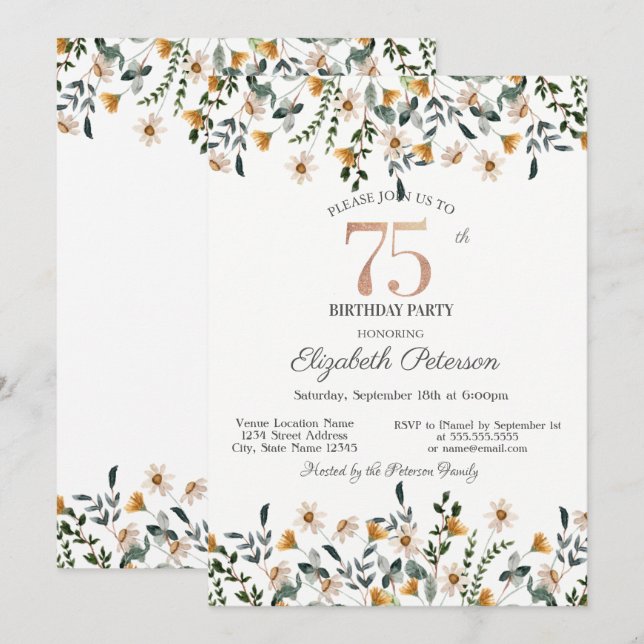 Convite Festa de Jardim de Flores Aquareladas de 75 Anos (Frente/Verso)