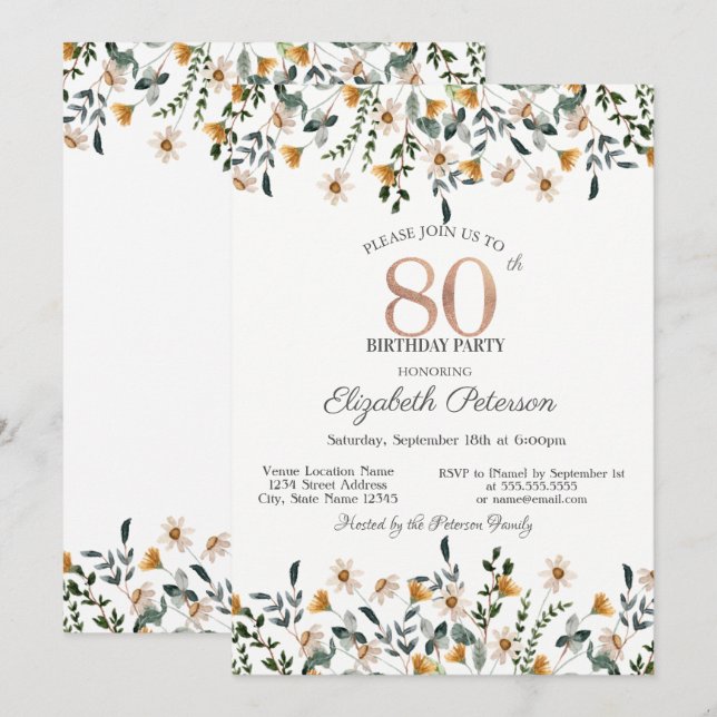 Convite Festa de Jardim de Flores Aquareladas de 80 Anos d (Frente/Verso)