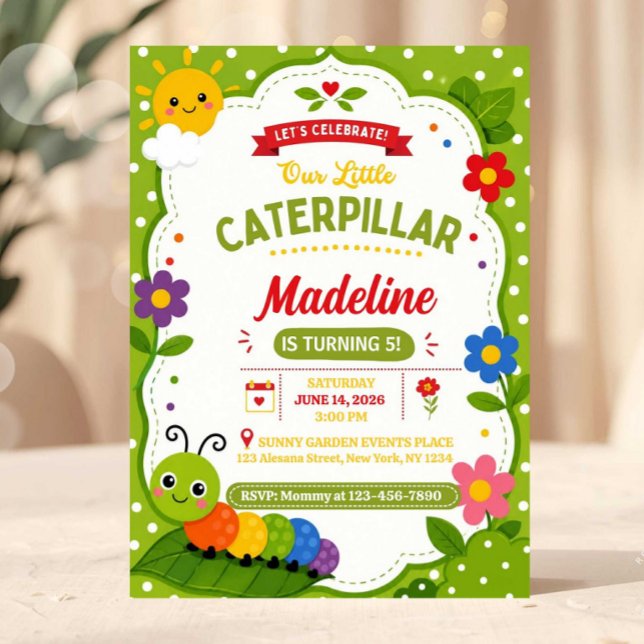 Convite Festa de Jardim Divertida e Fofa de Aniversário da (Caterpillar Birthday Invitation Template, Cute Bug Birthday Party Invite,)