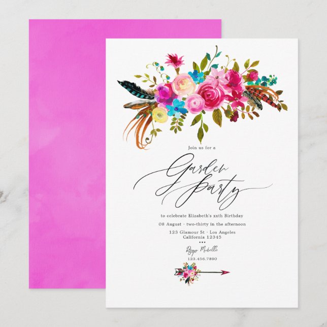 Convite Festa de Jardim Floral Boho Chic Rosa-Intenso (Frente/Verso)