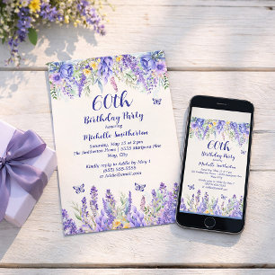 Convite Festa de Jardim Floral Lavanda Roxa 60º Aniversári
