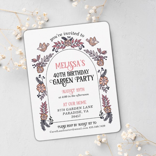 Convite Festa de Jardim Rosa de 40 Anos (Cute pink floral garden party birthday invitation.)