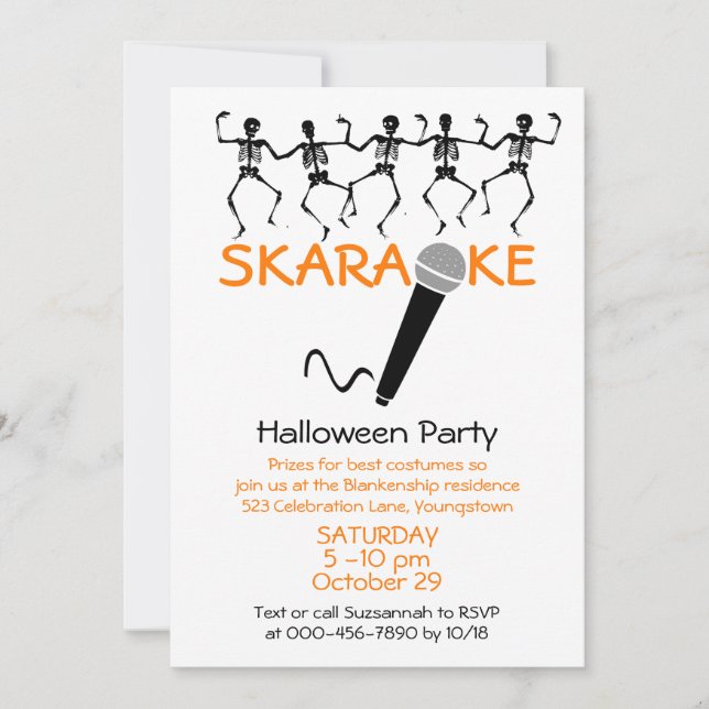 Convite Festa de Karaokê de Halloween Esqueletos Dançantes (Frente)