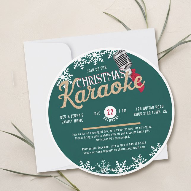 Convite Festa de Karaoke de Natal Vinil Antigo Verde Azula (christmas party invitation karaoke family office vintage retro nostalgia vinyl record snowflakes )
