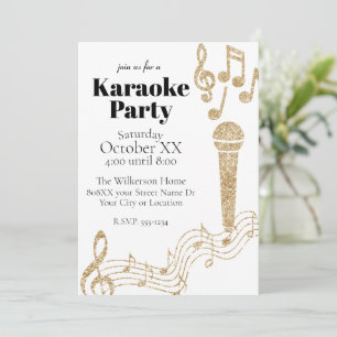 Convite Festa de Karaokê Dourado Brilho Notas Musicais em
