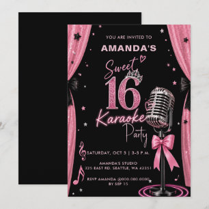 Convite Festa de Karaokê Glam Pink Sweet 16 Aniversário