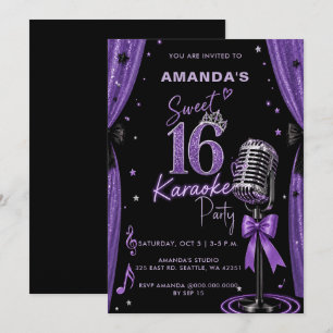 Convite Festa de Karaokê Glam Purple Sweet 16 Aniversário