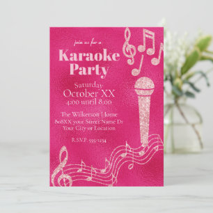Convite Festa de Karaokê Notas Musicais Brilho Rosa Choque