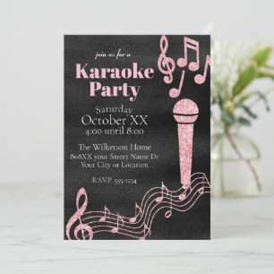 Convite Festa de Karaokê Notas Musicais com Brilho Rosa em