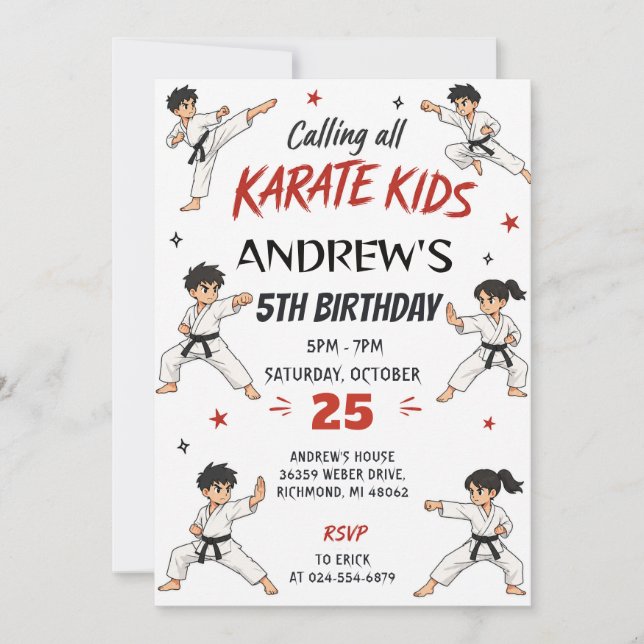 Convite Festa de karatê personalizada de aniversário (Frente)