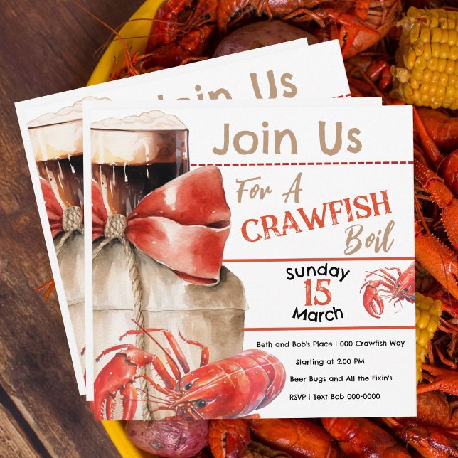 Convite Festa de Lagostas (Crawfish and crayfish boil party invitations you can customize.  Cute red crawfish and beer, burlap.)