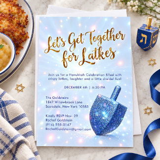 Convite Festa de Latke de Hanukkah Dreidel Azul Brilhante