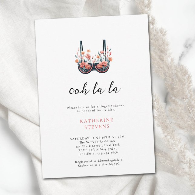 Convite Festa de Lingeries de flores silvestres Ooh La Chá (lingerie shower wildflowers black bra watercolor bridal party invite modern elegant classy feminine )