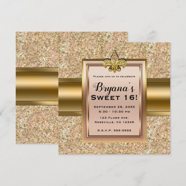 Convite Festa de Lís Floral Brilhante Rosa e Dourado (Frente/Verso)