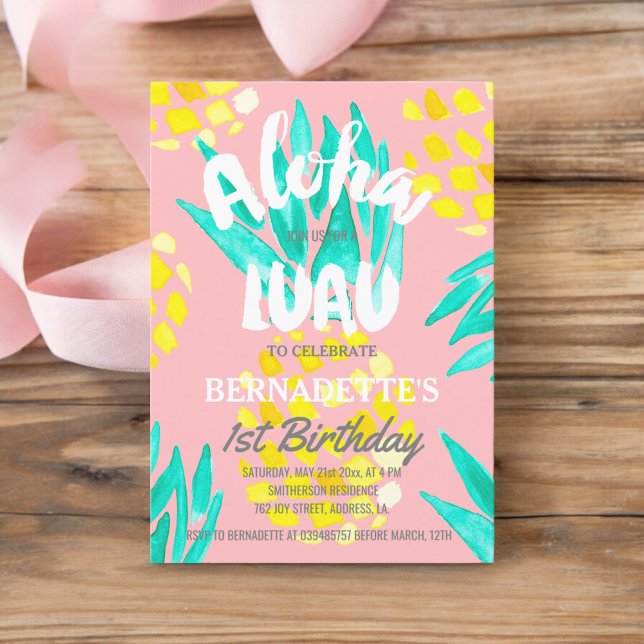 Convite Festa de Luau Abacaxis Aloha primeiro Aniversário (Luau party Aloha pineapples first Birthday Invitation)