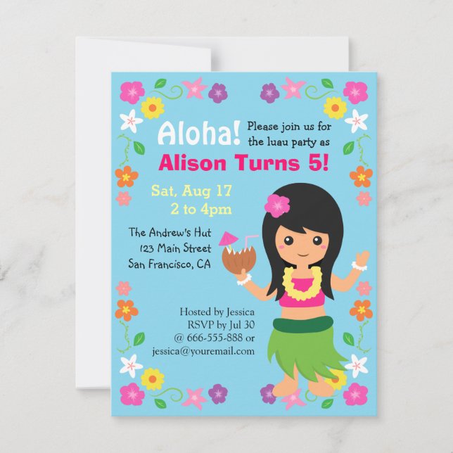 Convite Festa de Luau, Garota Gota do Havaí, Colorida (Frente)