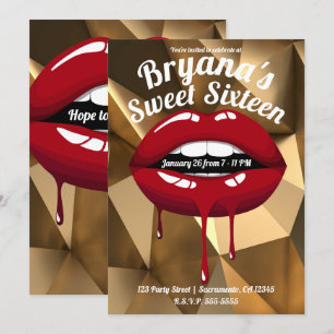 Convite Festa de Luxo Dourada com Lábios Vermelhos Gotejan