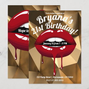 Convite Festa de Luxo Glamurosa Dourada Lábios com Gotejam