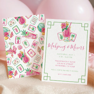 Convite Festa de Mahjong e Coquetéis Pink & Green Palm Bea