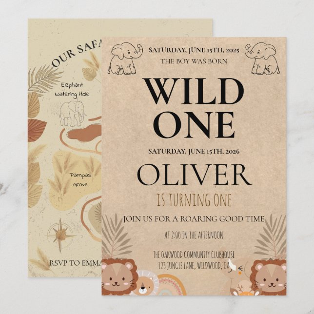 Convite Festa de Mapa de Aniversário de 1 Ano Rustic Safar (Frente/Verso)