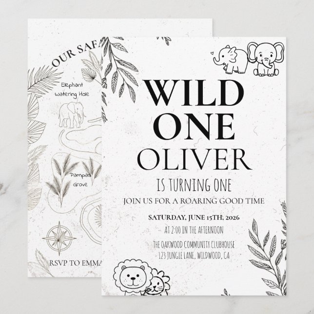 Convite Festa de Mapa de Aniversário de 1 ano Safari Selva (Frente/Verso)