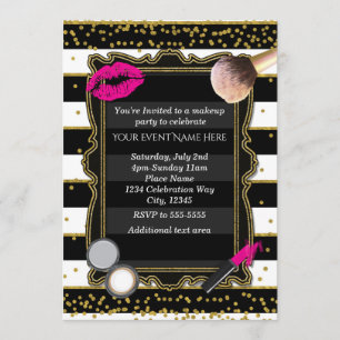 Convite Festa de Maquiagem Dourado Confetes & Listras Glam