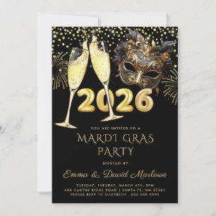 Convite Festa de Mardi Gras 2026 Brilho Dourado e Preto