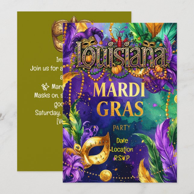 Convite Festa de Mardi Gras – Lousiana (Frente/Verso)