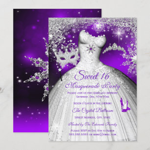 Convite Festa de Máscara da Princesa Doce 16 Roxo Prata
