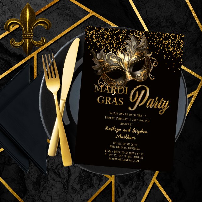 Convite Festa de Máscara de Mascarada Elegante Mardi Gras (Elegant Masquerade Mask Mardi Gras Party Invitation in Black and Gold Tone)