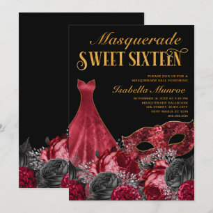Convite Festa de Máscara Sweet 16 Preto Vermelho e Dourado