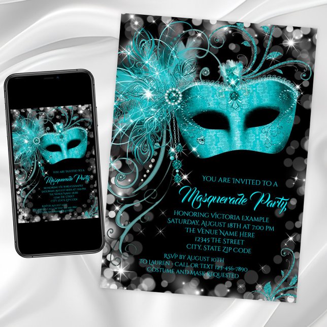 Convite Festa de Mascarada Azul-Teal do rico (Teal masquerade party invitations with jewel mask. Any number birthday masquerade or event.)