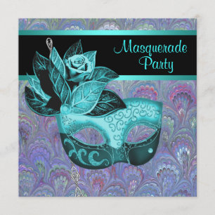 Convite Festa de Mascarada Azul Turquesa Roxo Paisley Pavã